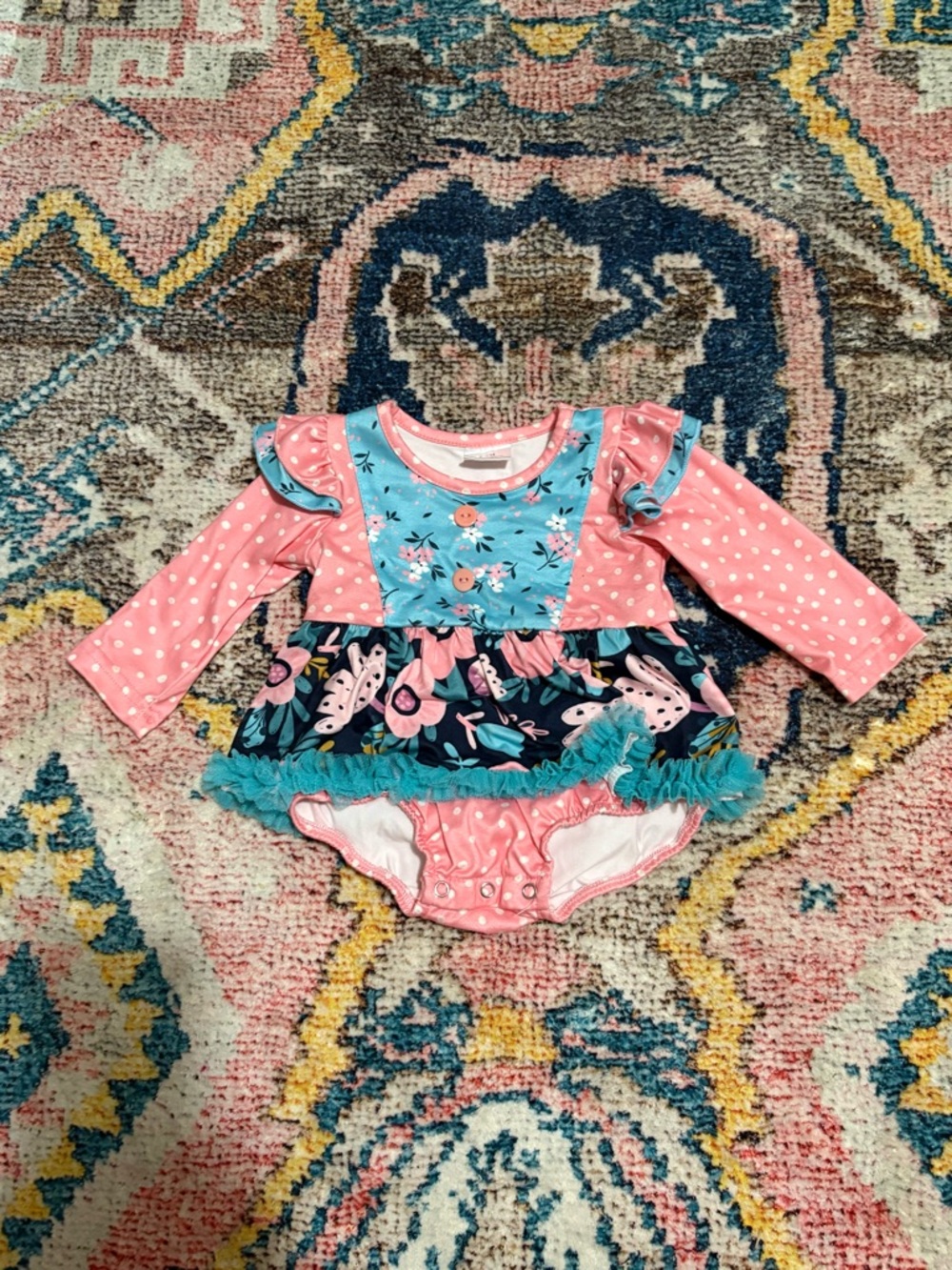 Infant Girls’ Pink & Blue Floral Ruffle One-Piece - 3/6 months